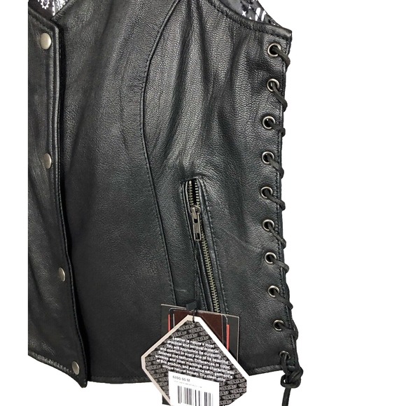 Unik Premium Women Sz M Black Leather Snap Front Vest Side Laces Paisley Liner - Picture 2 of 16